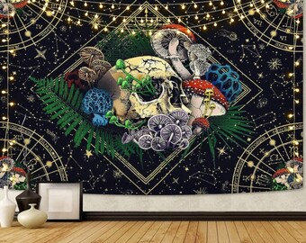 May include: A tapestry featuring a skull surrounded by mushrooms and greenery against a black background with gold constellations and a string of lights.