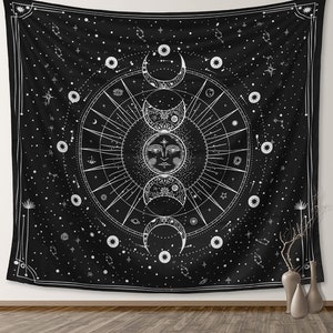 Tapestry for Bedroom Aesthetic, Sun Moon Star Large Astrology Wall Hanging, Black White Psychedelic Room Decorations, Mystic Wall Decoration