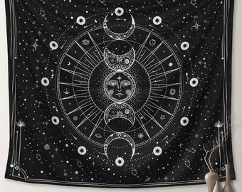 Tapestry for Bedroom Aesthetic, Sun Moon Star Large Astrology Wall Hanging, Black White Psychedelic Room Decorations, Mystic Wall Decoration