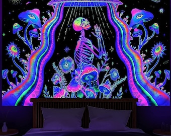 May include: A black tapestry with a psychedelic design featuring a skeleton, mushrooms, and a flying saucer. The tapestry is glowing in the dark with neon colors.