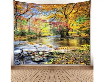 Nature Autumn Yellow Tree Wall Hanging Rivulet Falling Leaves Scenery Forest Tapestry for Bedroom Living Room Dorm Art Decoration