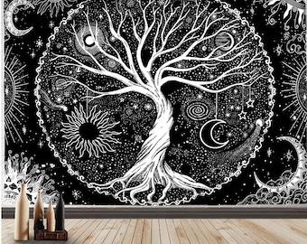 Scared Tree of life black white starry moon sun tapestry wall hanging zodiac aesthetic bedroom decor dorm living room decor