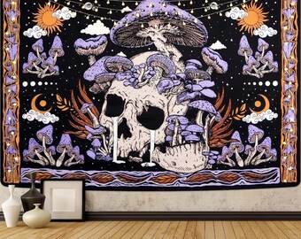 May include: A black tapestry with a white skull surrounded by purple mushrooms. The skull is crying and the mushrooms are growing from its head. There are stars and moons in the background.