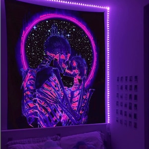 Blacklight Skull Tapestry, The Kissing Lovers Moon Tapestry UV Reactive Trippy Neon Tapestries Glow in the Dark Party Backdrop, Skeleton