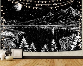 Black and White Tapestry Starry Night Tapestry Mountain Tapestry Moon Stars Tapestry for Bedroom Living Room - 130cm x 150cm