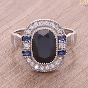 Black Sapphire Ring, Halo Ring Gothic Sapphire Black Oval Engagement Ring, 4.23Ct Center Black Stone with Blue Baguette, Silver 925 Ring