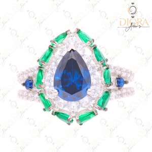 Halo Ring 925 Silver, Pear Cut Center Stone Unique Blue Green combination 3.12Ct, Halo Ring surrounded with green small Pear Stone