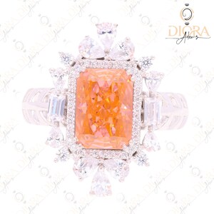 Unique Emerald Cut Halo Ring, Light Padparadscha Center Stone 5.29Cts, Vintage Art Deco Silver 925 Halo Ring, White Gold Finish