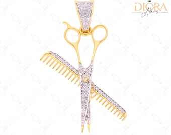 Scissor Comb Pendant Solid Gold - Natural Diamond Studded Necklace - jewelry gift - handmade jewelry - EGL Certified Pendants