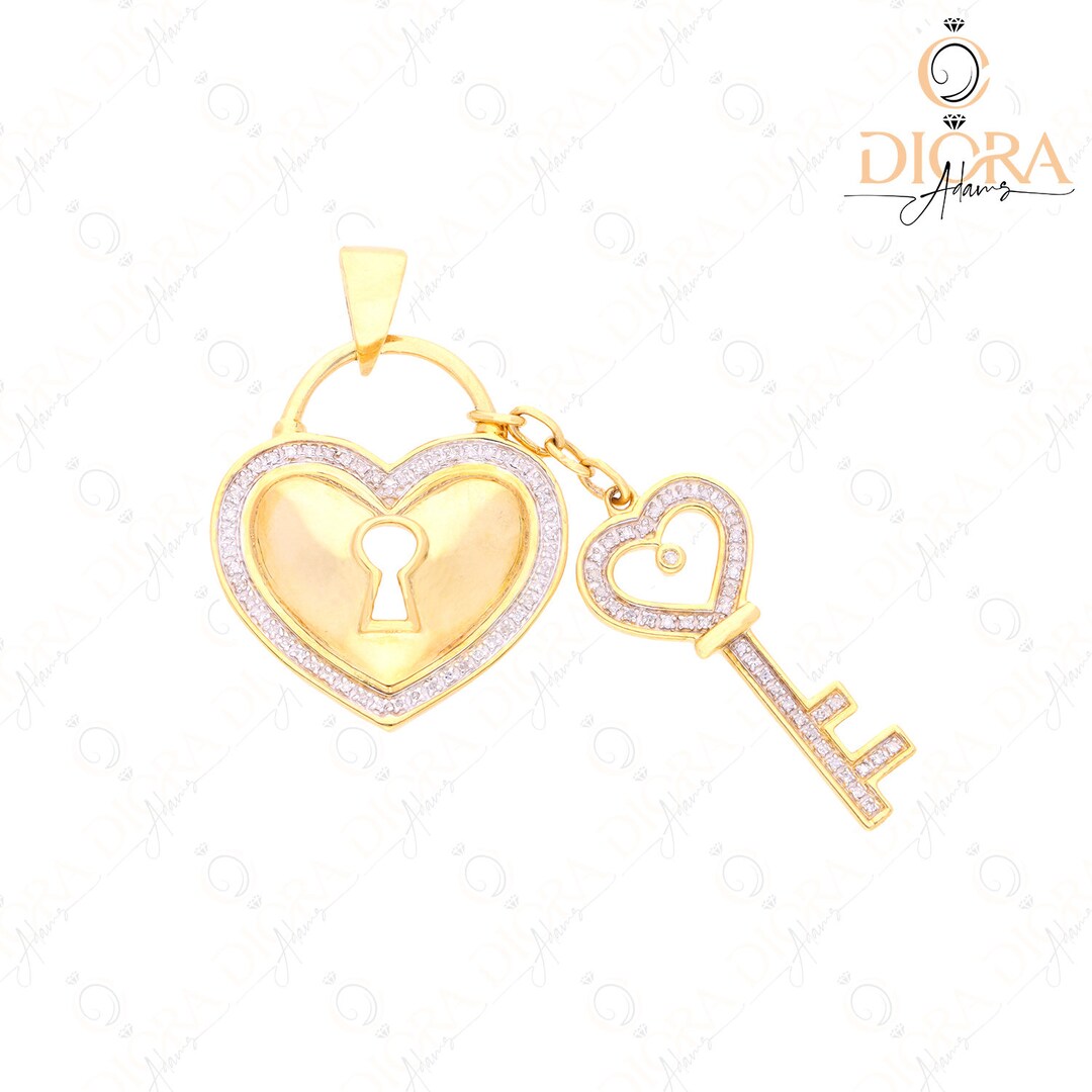 Lock and Key Diamond Necklace 10kt Solid Gold Lock Key Pendant Keys and