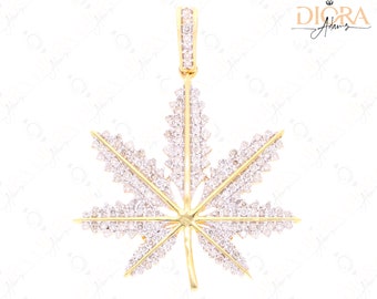 Iced Out Marijuana Leaf Pendant, CZ Diamonds, Yellow White Gold Plated Necklace