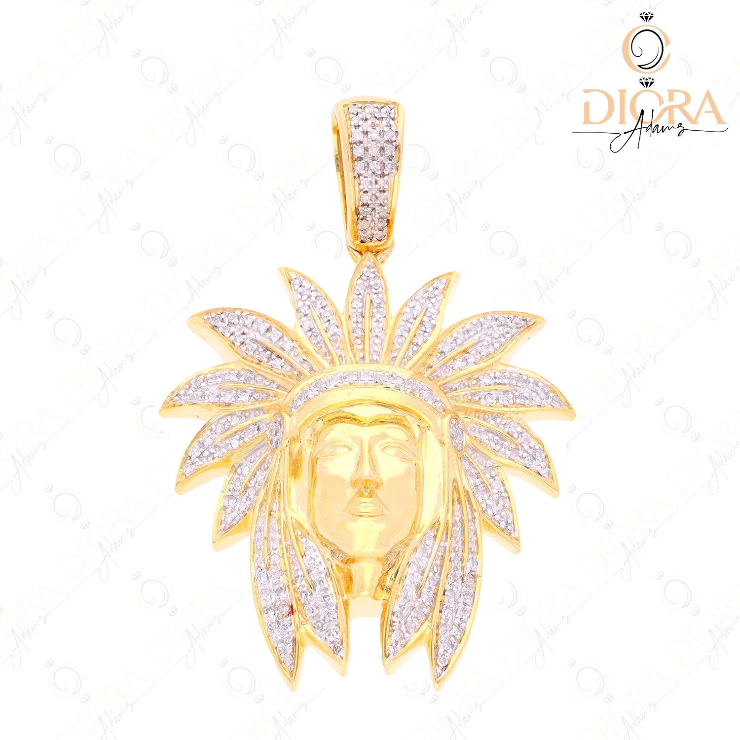 American Indian Head Pendant 10kt Yellow Gold Chief Necklace 0.38cts ...