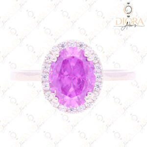 Oval Cut Purple Color Stone 4.07Ct 9x7mm size Halo Engagement & Wedding Ring, 925 Silver Ring, White Gold Finish, Minimalist Ring