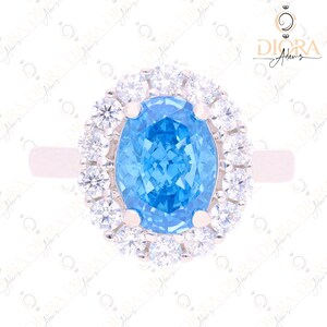 Oval shape Center Stone 10x7mm Fancy Blue 4.53Ct Silver 925 Ring, Round Diamond Halo Engagement & Wedding Ring, Blue Sapphire Ring