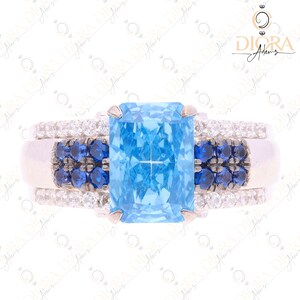 Elegant Emerald Cut Blue Sapphire Engagement Ring, Unique 5.13Cts Blue Sapphire Wedding Ring with Blue Round Side Stone, White Gold Finish