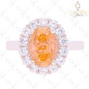 Oval Center Stone 10x7mm Orange 4.91Ct Silver 925 Ring, Round Diamond Halo Engagement & Wedding Ring, Orange Sapphire Ring
