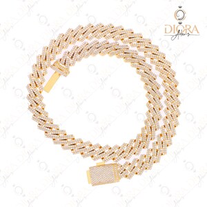 S925 18&quot; Cuban Link Necklace Chain - 10mm Yellow Gold Plated Cuban Chain - Simulated Diamond - Hip Hop Jewelry - Gift for men