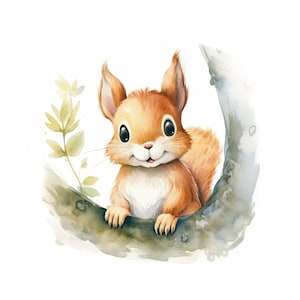 Süßes Eichhörnchen Bild in Aquarellfarben als digitaler Download - Waldtier Bild perfekt als Kinderzimmer Deko oder Babyzimmer Bild