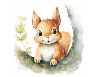 Süßes Eichhörnchen Bild in Aquarellfarben als digitaler Download - Waldtier Bild perfekt als Kinderzimmer Deko oder Babyzimmer Bild