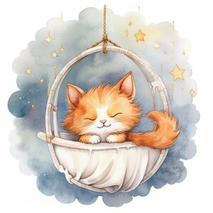 Süße schlafende Katze im Körbchen in Aquarell für dein Kinderzimmer: kunstvoller Download