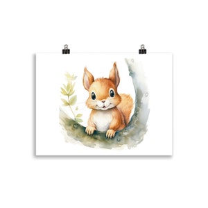 Dulce cuadro de ardilla en colores de acuarela como póster infantil: lindo cuadro de animales del bosque perfecto como decoración de la habitación de los niños o cuadro de la habitación del bebé