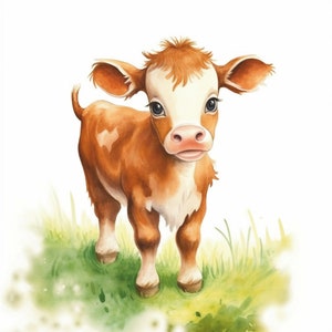 Niedliche Baby Kuh in Aquarell für dein Kinderzimmer: kunstvolles Kälbchen zum Download