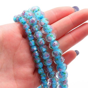 20pcs Flower Beads Glass 8mm,Handmade Round Loose Beads for Rosary＆Bracelet Making,Jewelry Craft Making with 2mm Hole