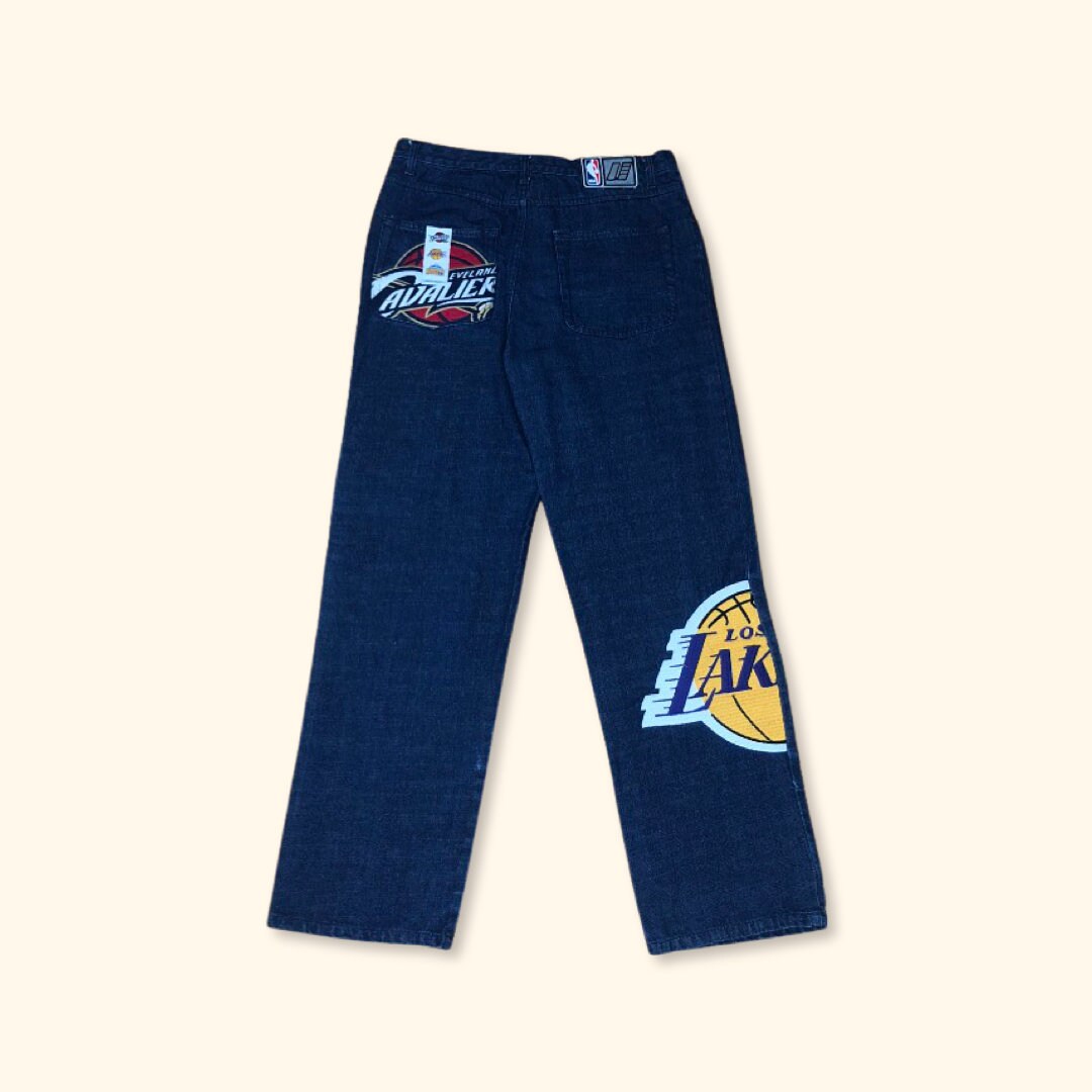 UNK NBA DENIM SHORTS Sz 40 LAKERS 76ers CELTICS KNICKS SEWN PATCHES EUC