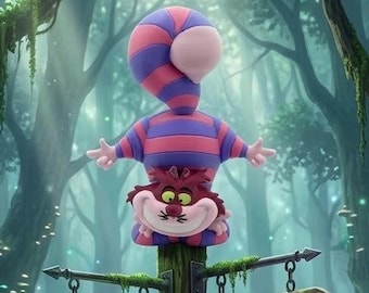 May include: A wooden signpost in a forest features four directional signs labeled Whispering Woods, Eldoria Crossing, Forbidden Glen, and Witch's Hollow. A purple and pink striped cat sits on top, with a green lantern and a purple lantern hanging below.