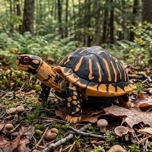 May include: A box turtle figurine with a black and yellow patterned shell and a yellow head featuring red eyes. The turtle has black and yellow spotted legs and is positioned on a forest floor covered with brown leaves, moss, and small mushrooms.