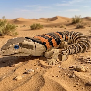 May include: An articulated lizard figurine featuring a textured tan head with bright blue eyes, a body with alternating orange, black, and tan segments, and a segmented tail. The lizard has four legs with visible claws and a realistic scale pattern.