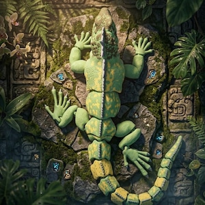 May include: A green and yellow articulated lizard figurine with a textured, segmented body and a long tail, positioned on a stone surface featuring carved symbols and moss, surrounded by green tropical leaves and small glowing blue accents.
