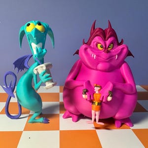 May include: A turquoise and purple cartoon character holding a white column stands next to a large pink figure with a red head and yellow eyes. A small figure in orange is held by the pink figure. The background is blue and orange.