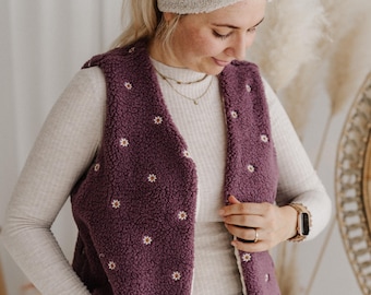 Kuschelige Frühling Blümchen Teddy-Weste für Frauen und Kinder | Gänseblümchen-Look, innen Musselin | Handmade