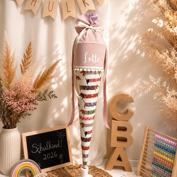 Große Stoff Schultüte / Zuckertüte mit Namen & Rohling - optional mit Innenkissen -Dackel - Hund   - 35cm/ 50cm/70cm / 85cm Schulkind