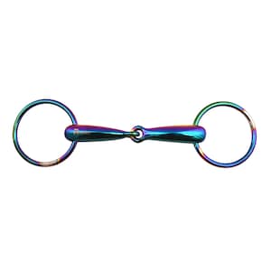 May include: A rainbow-coloured horse bit featuring two circular rings and a central mouthpiece. The bit has a metallic finish with shades of blue, green, and purple. The brand name "Royal Rider" is visible.