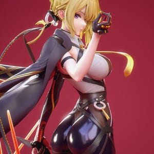 May include: A 3D-rendered anime-style figure with blonde hair and purple eyes, wearing a black and white outfit with gold accents. The figure is holding a small object and a knife, set against a red background. The image includes the text "PATREON | KuruFigure".