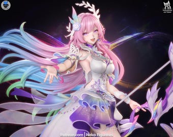 May include: A detailed figurine of a female character with long, flowing pink, blue, and purple hair. She wears a white and purple dress with floral accents and holds a bow. The image has a fantasy theme and includes the text "Patreon.com | Neko Figurines".