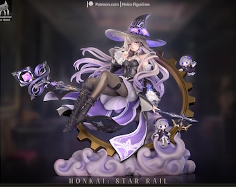May include: A detailed figurine of a character from "Honkai: Star Rail." The figure is predominantly purple and white, with a witch-like hat and staff. The character is seated on a cloud-like base with a gear-shaped frame. The text "HONKAI: STAR RAIL" is at the bottom.