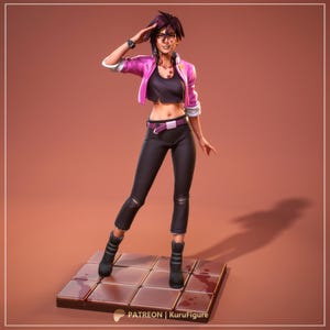 Peut inclure: Figurine imprimée en 3D d'une personne portant une veste rose, un crop top noir et un pantalon noir avec des genoux déchirés. La figurine porte des bottes noires et une montre. La figurine se tient sur une surface carrelée marron. Le texte "PATREON | KuruFigure" est en bas.