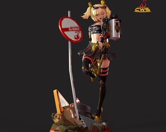 May include: A figurine of a female character with blonde hair, sunglasses, and a black and red outfit. She holds a silver container and a weapon. A sign with the text "BURNICE WHITE" is to her left. The base is red.