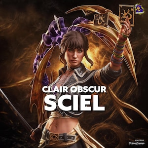 Puede incluir: Imagen de arte digital de una mujer sosteniendo cartas de juego. El texto "CLAIR OBSCUR SCIEL" es visible. Lleva una chaqueta negra y pulseras coloridas. El fondo es una mezcla de oro y púrpura.