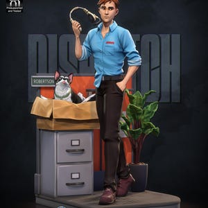 May include: A figurine of a man in a blue shirt and brown pants holding a headset. A dog is in a cardboard box. The word "DISPATCH" is in the background. A plant and a filing cabinet are also present. The figurine is on a gray platform.