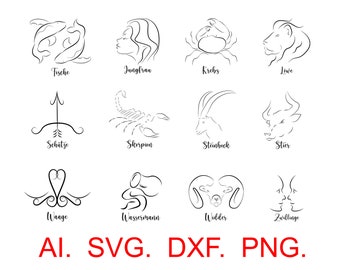 Puede incluir: Ilustraciones de línea de arte de los 12 signos del zodíaco en blanco y negro. Los signos son: Piscis, Virgo, Cáncer, Leo, Sagitario, Escorpio, Capricornio, Tauro, Libra, Acuario, Aries y Géminis.
