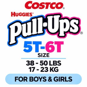 May include: A graphic label for Huggies Pull-Ups training pants sold at Costco. The text reads Costco, Huggies, Pull-Ups, size 5T-6T, 38-50 lbs, 17-23 kg, and for boys & girls. The design features bold white, blue, and pink lettering on a white background.