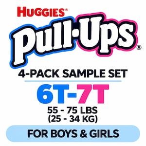 Peut inclure: Un ensemble d'échantillons Huggies Pull-Ups de 4 unités pour les tailles 6T-7T, correspondant à un poids de 25-34 kg. Le graphique affiche la marque en rouge et blanc, avec du texte bleu et rose indiquant la taille et le poids pour garçons et filles.