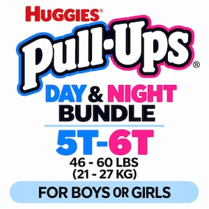 May include: Huggies Pull-Ups Day & Night Bundle in size 5T-6T for 46-60 lbs. The graphic features bold red, blue, and pink text on a white background, specifying the weight range and the inclusion of both day and night training pants.