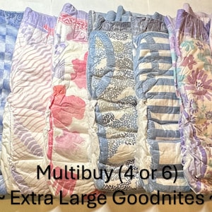 Peut inclure: Multibuy (4 ou 6) couches pour adultes Goodnites extra larges dans différents motifs bleus, roses et violets.