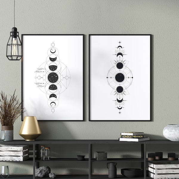 Moon phases wall art printable, moon phase wall hanging, gothic home decor wall art, goth decor wall, gothic wallpaper, boho wall art print