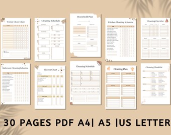 May include: A set of printable cleaning and chore charts in a minimalist style with a beige and brown color scheme. The charts include titles like "Weekly Chore Chart", "Cleaning Schedule", "Kitchen Cleaning Schedule", "Bathroom Cleaning Schedule", "Chores Chart", "Cleaning Plan", and "Cleaning Checklist".